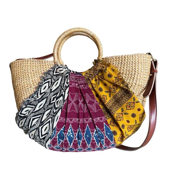 Sam Edelman Jaelynn Bow Tote Straw Bag Leather Fabric Crossbody Resort Purse - Picture 3 of 10